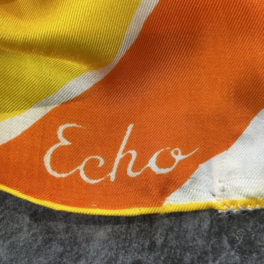 Vintage 60s ECHO 100%‎ Silk Scarf Orange, Yellow & White Striped 64 X 15